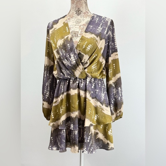 ADRIENNE Gray/lavender & green abstract print surplice layered mini dress size S - Picture 5 of 14
